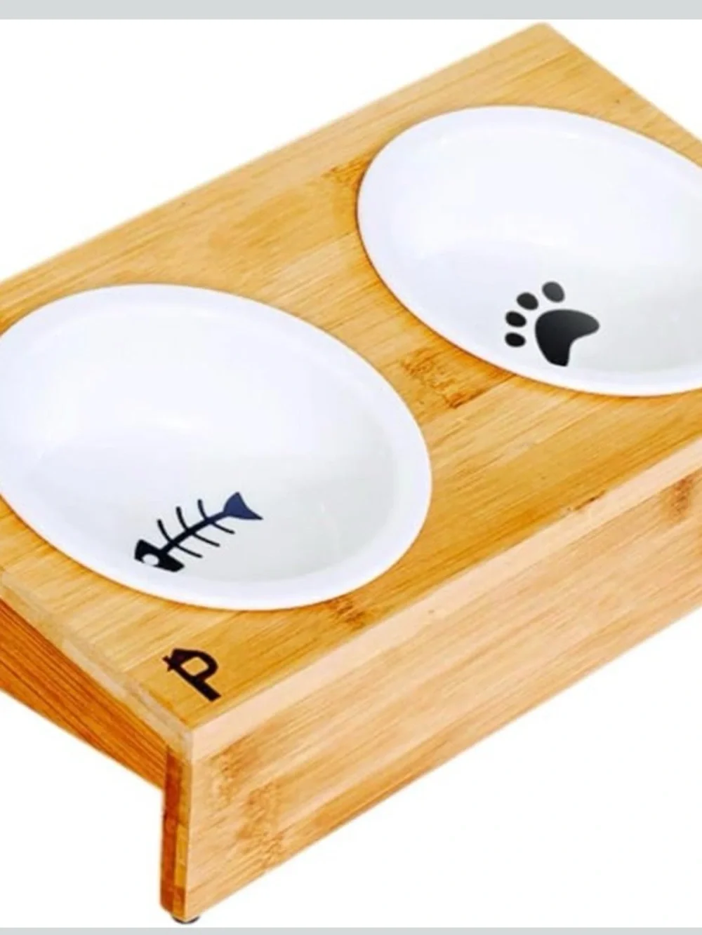 Bamboo Elevated Double Pet Bowls with White Ceramic Inserts